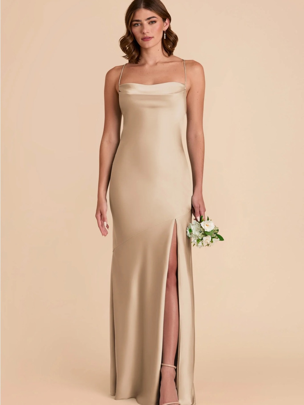 Satin Cowl Slip Maxi Dress with Front Thigh Slit - Champagne
